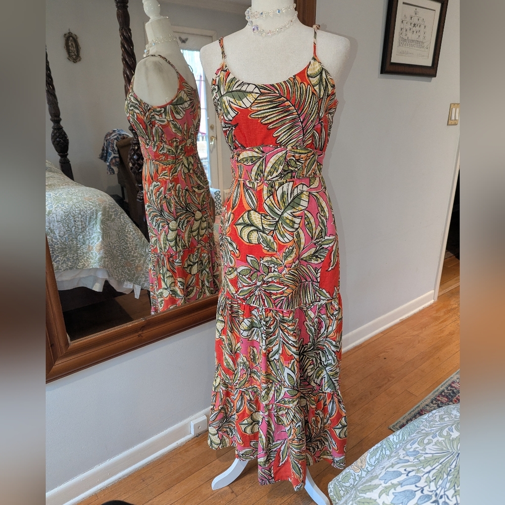 Linen Blend C&C California Coral Tropical Leaf Spaghetti-Strap Maxi Dress